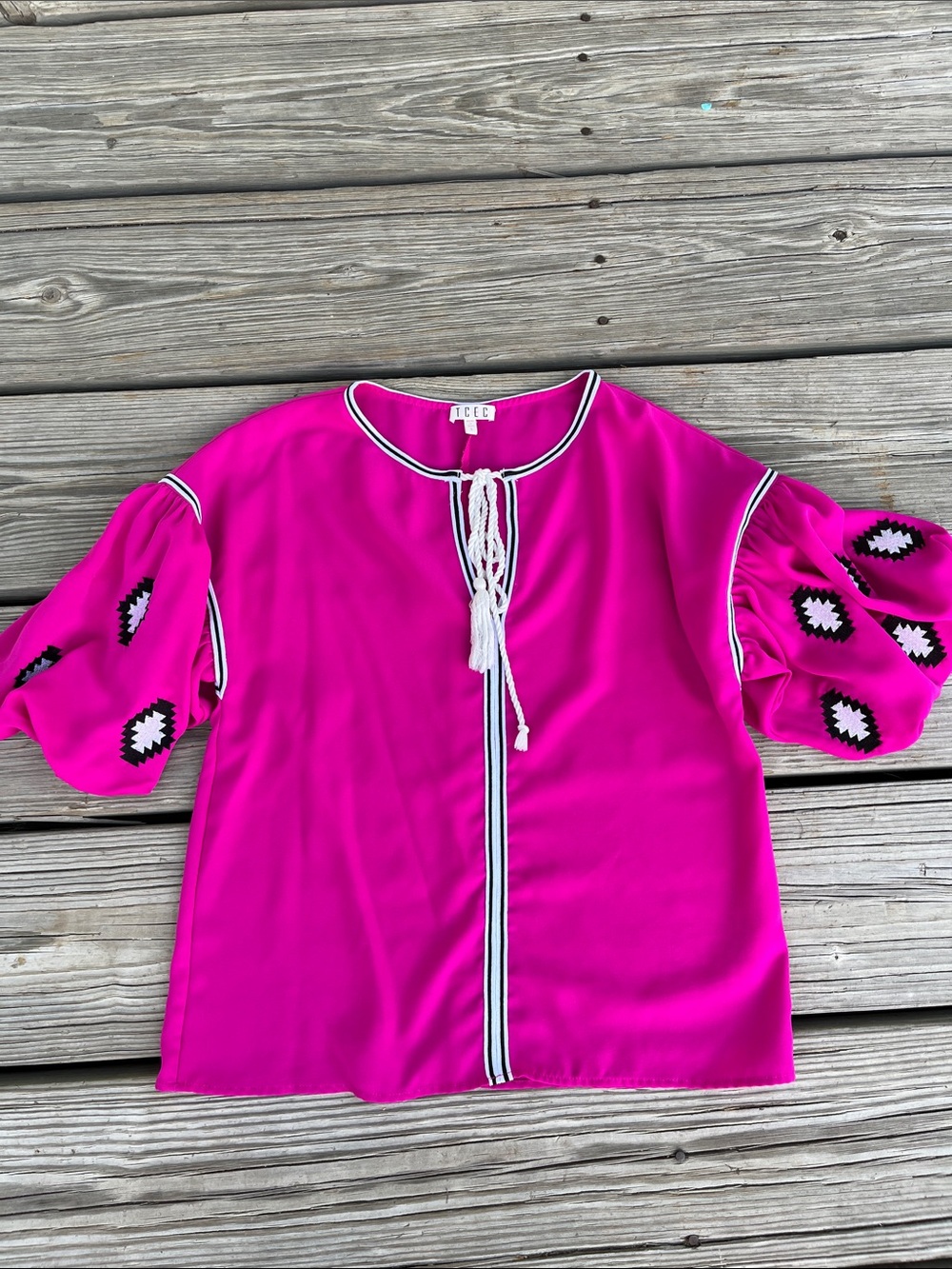 T cec Hot Pink Puff-Sleeve Blouse with Tassel Tie